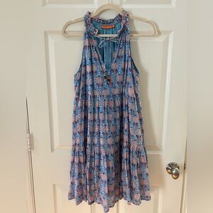 Oliphant (M)- Tiered Mini dress, blue and red floral block print